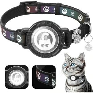 Waterproof GPS Cat Collar with Airtag Holder, Reflective Diamond Paw & Bell